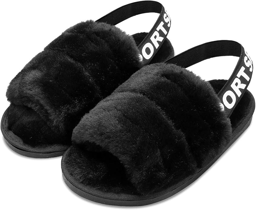 FEETCITY Women's Fuzzy Fluffy House Slippers Open Toe Furry Slides with Elastic Strap | Amazon (US)