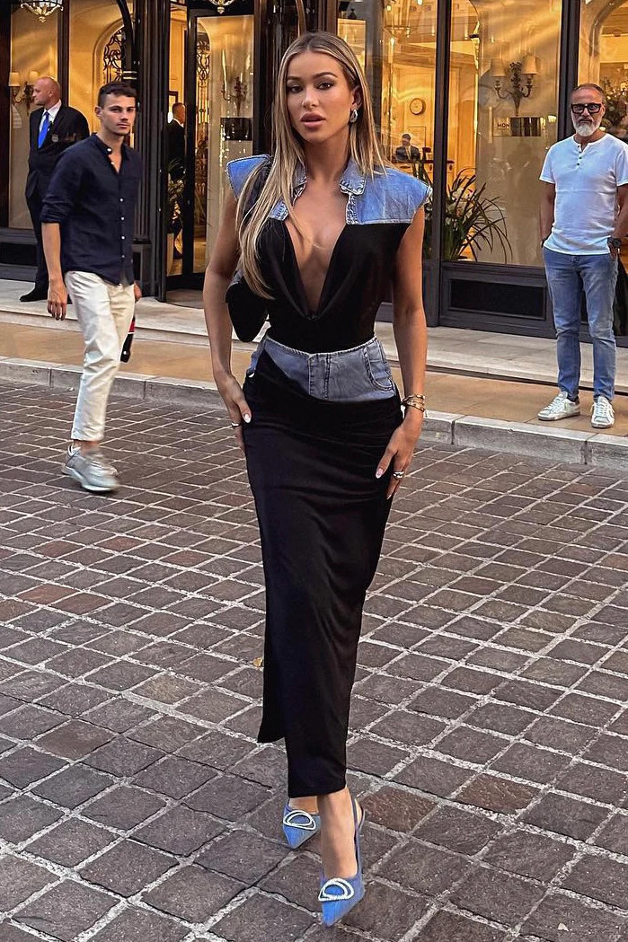 Jessica Bara Creed Patchwork Denim Top and Maxi Skirt Two Piece Set As Seen On Cindy Prado Large / Black | JESSICA BARA