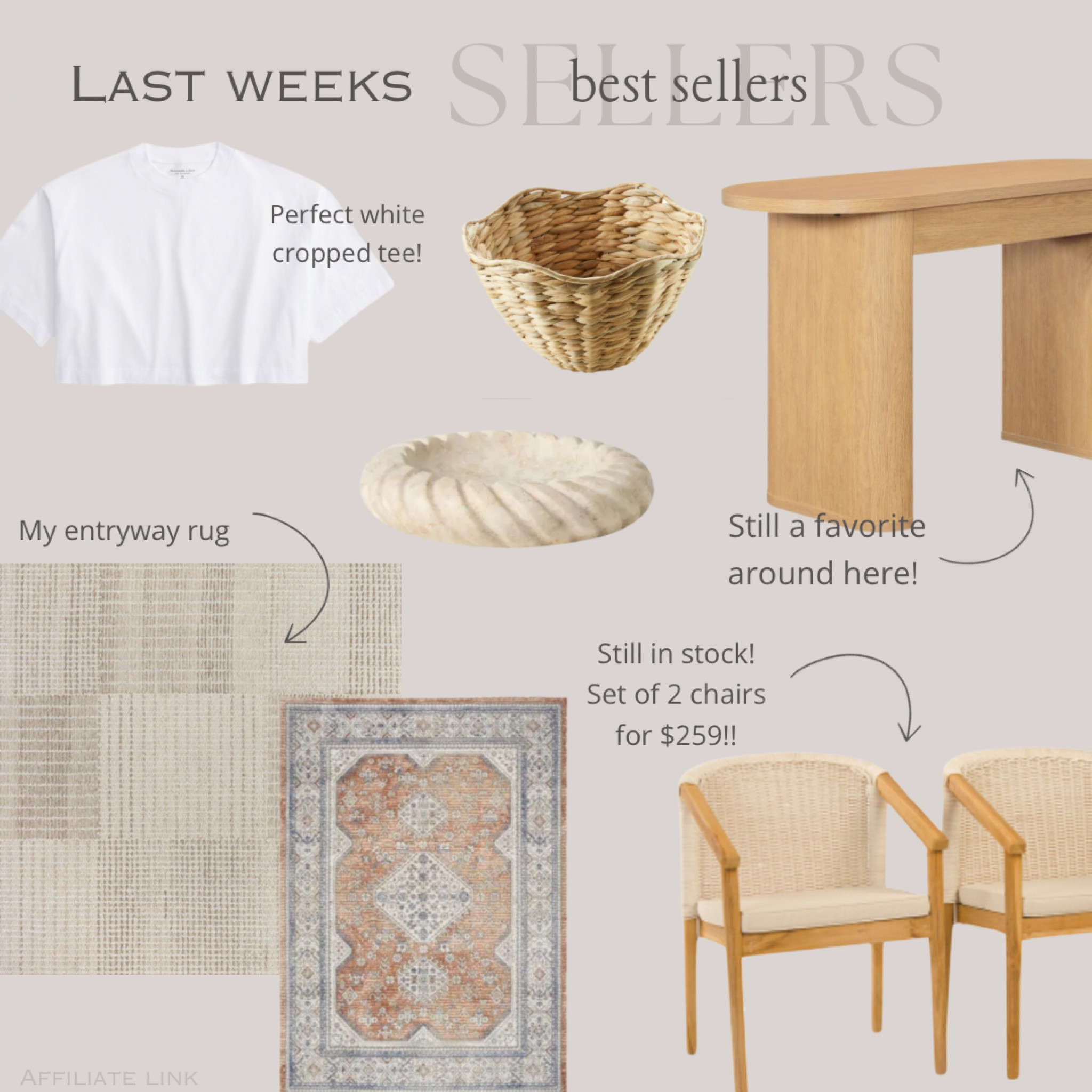 Last Weeks BEST sellers! 


Writing desk, vanity desk, vanity table, set of 2 chairs, accent chairs, area rug, neutral rug, vintage rug, cropped white tee, basic tee, scalloped woven basket, marble bowl, home decor, neutral home, spring decor 


#rugsusa #walmart #tjmaxx #target #abercrombie 

#LTKSaleAlert #LTKSeasonal #LTKHome