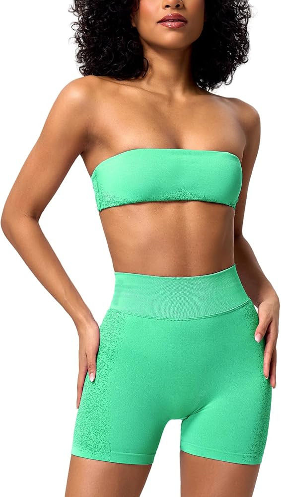 ABOCIW Womens Workout Sets Twist Back Bandeau Sports Bra Seamless Scrunch Butt Lifting Gym Shorts... | Amazon (US)