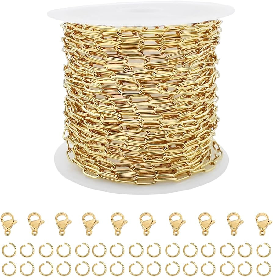 KEIAOUE 16.4 Feet Stainless Steel Paperclip Chains for Jewelry Making Gold Plated Bulk Bracelet N... | Amazon (US)