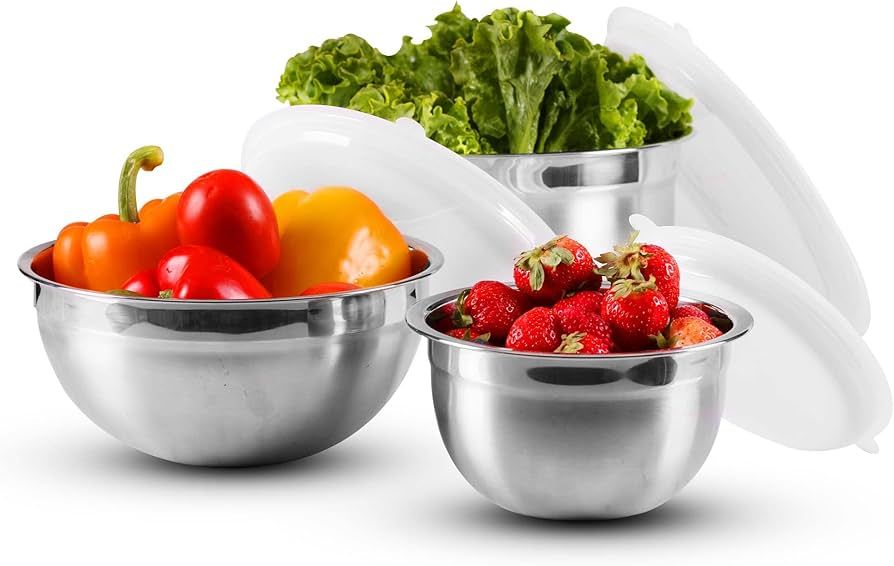 OVENTE Mixing Bowl Stainless Steel Set of 3 with Lids, Nesting Bowls with Measuring Marks Dishwas... | Amazon (US)