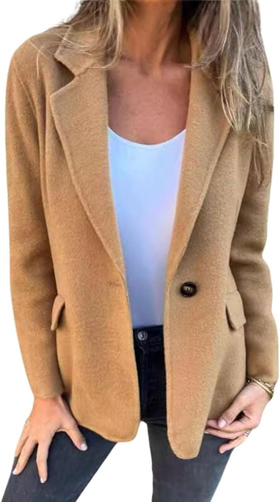 CHARTOU Women Solid Color Blazer Wool Blend Causal Business Office Open Front Short Jacket Pea Co... | Amazon (US)