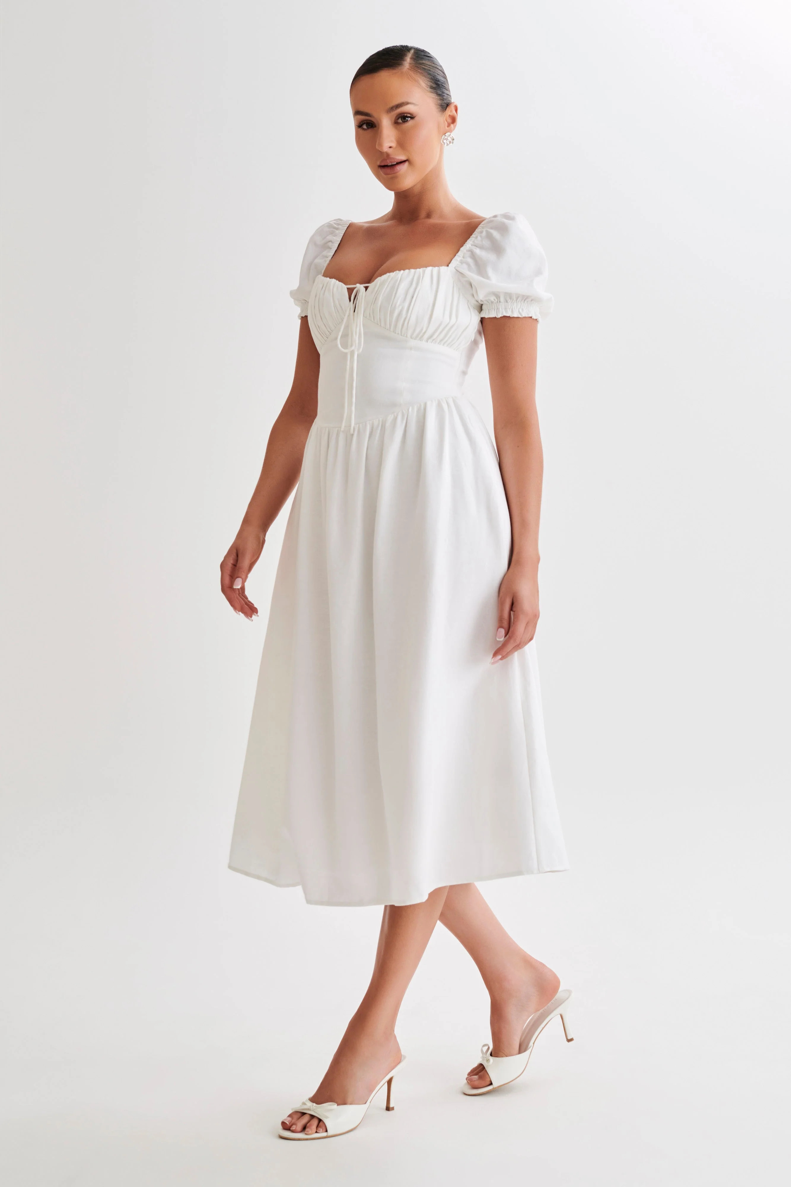 Rosalind Puff Sleeve Midi Dress - White | MESHKI US