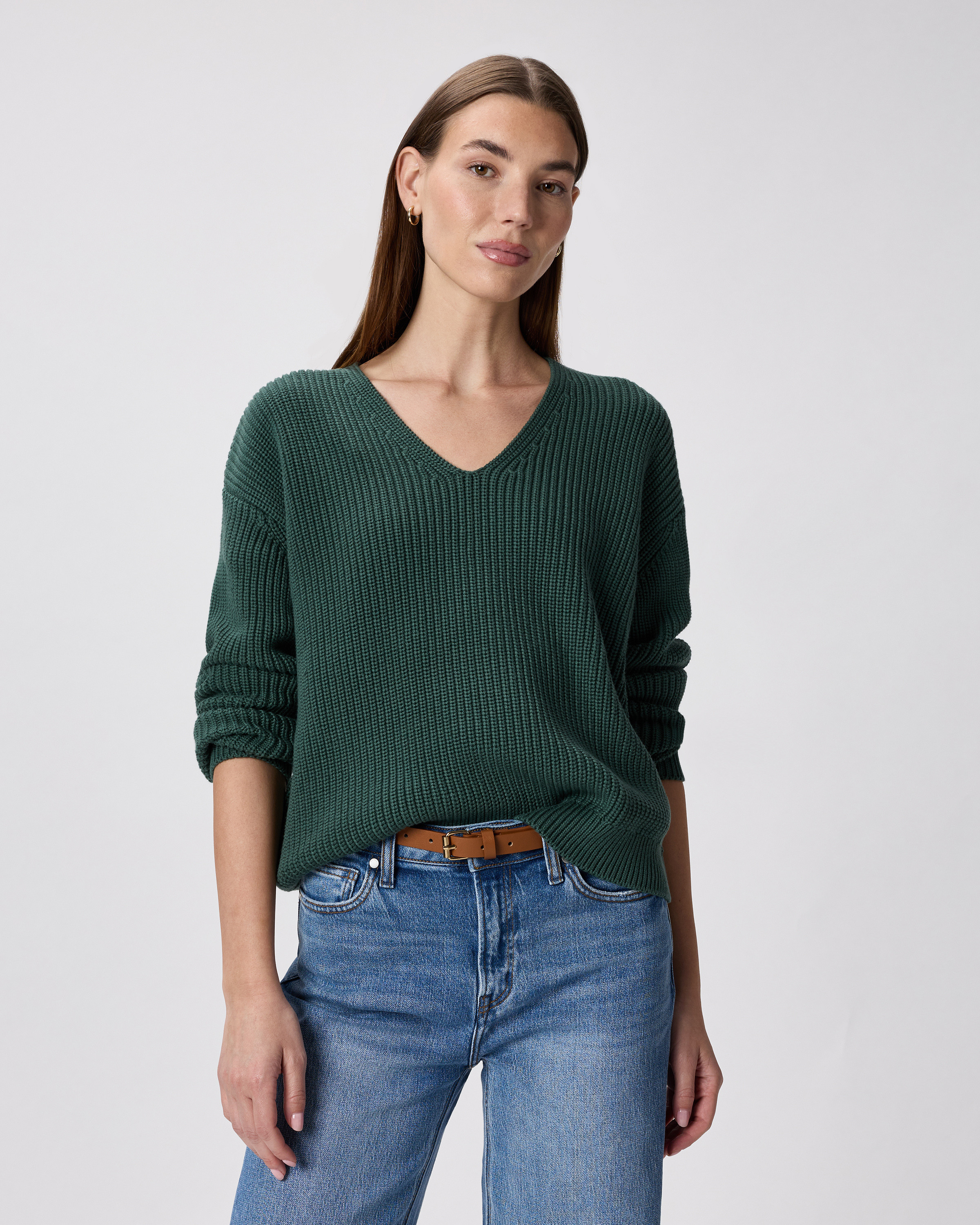 Quince | Women's Fisherman V-Neck Sweater in Big Sur Green, Size Medium, Organic Cotton