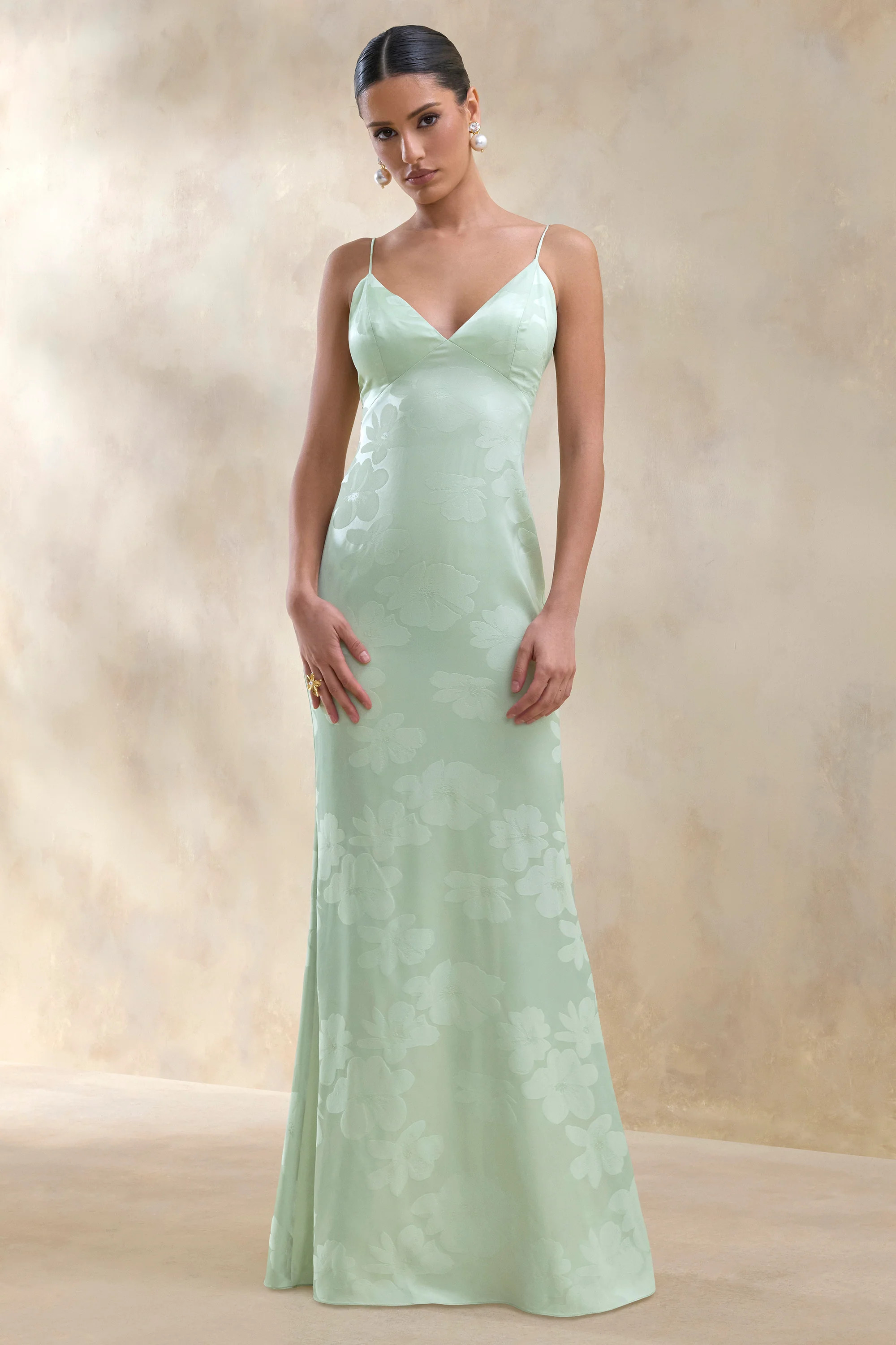 Carelle | Green Satin Plunge-Neck Maxi Dress With Asymmetric Drop-Waist | Club L London