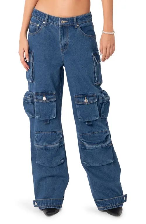 EDIKTED Oversize Boyfriend Cargo Jeans in Blue at Nordstrom, Size Large | Nordstrom