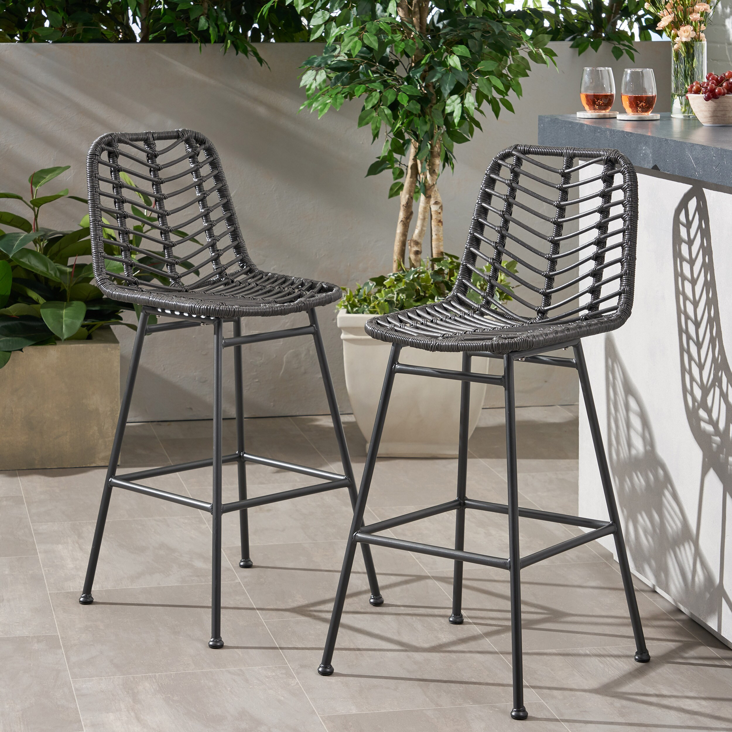 Mondawe 2-Piece Sawtelle Outdoor Bar Stool - PE Rattan and Iron Frame Grey one_size | MO-NH-81GRY | Lowe's