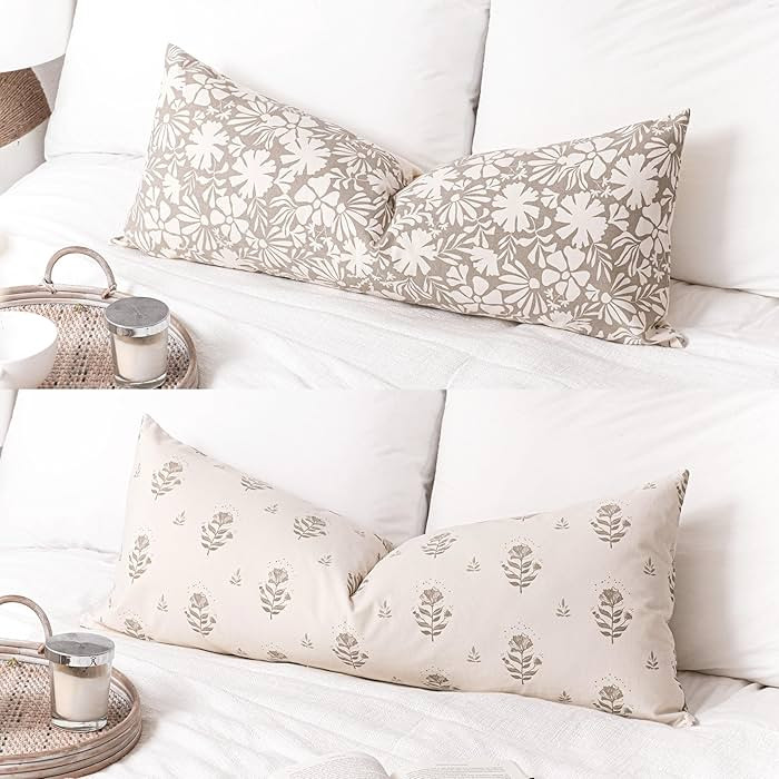 Floral Farmhouse Decorative Throw Pillow Cover 14X36, Taupe Light Brown Block Print Lumbar Throw ... | Amazon (US)