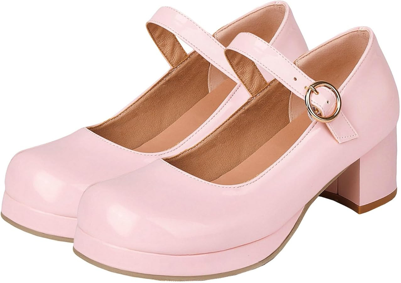 LUXMAX Women Patent Leather Mary Janes Block Heel Platform Pumps Ankle Strap Buckle Chunky Heel P... | Amazon (US)