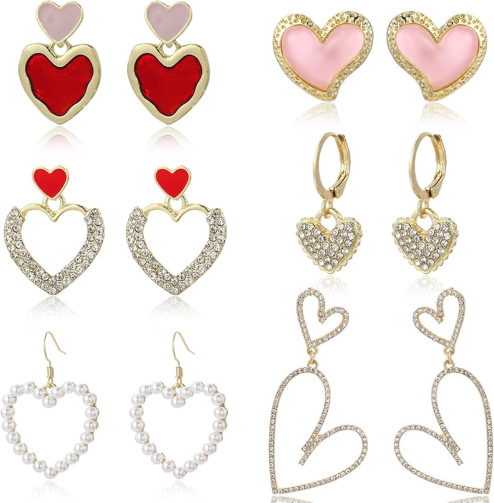Acruccen 6 Pairs Love Dangle Earrigns for Women Pearl Rhinestone Double Heart Stud Earrings | Amazon (US)