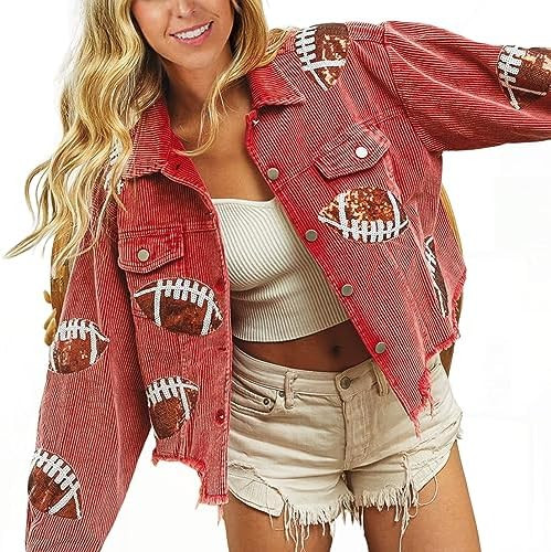 SeekMe Women's Cropped Corduroy Jacket Football Sequin Patched Short Button Raw Hem Jacket Coat | Amazon (US)