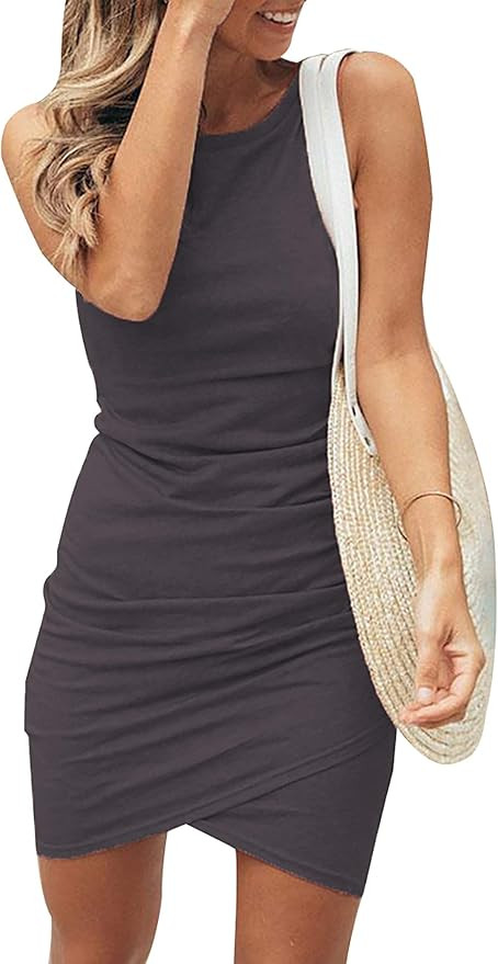 BTFBM Women 2023 Summer Sleeveless Tank Dresses Crew Neck Slim Fit Short Casual Ruched Bodycon Pa... | Amazon (US)