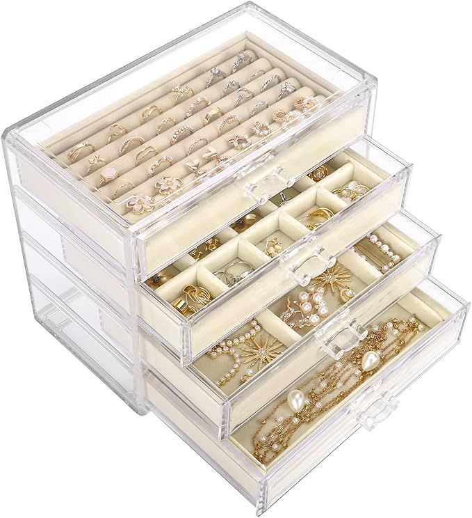 Mebbay Acrylic Jewelry Organizer, Clear Jewelry Box with 4 Drawers, Velvet Rings Earring Necklace... | Amazon (US)