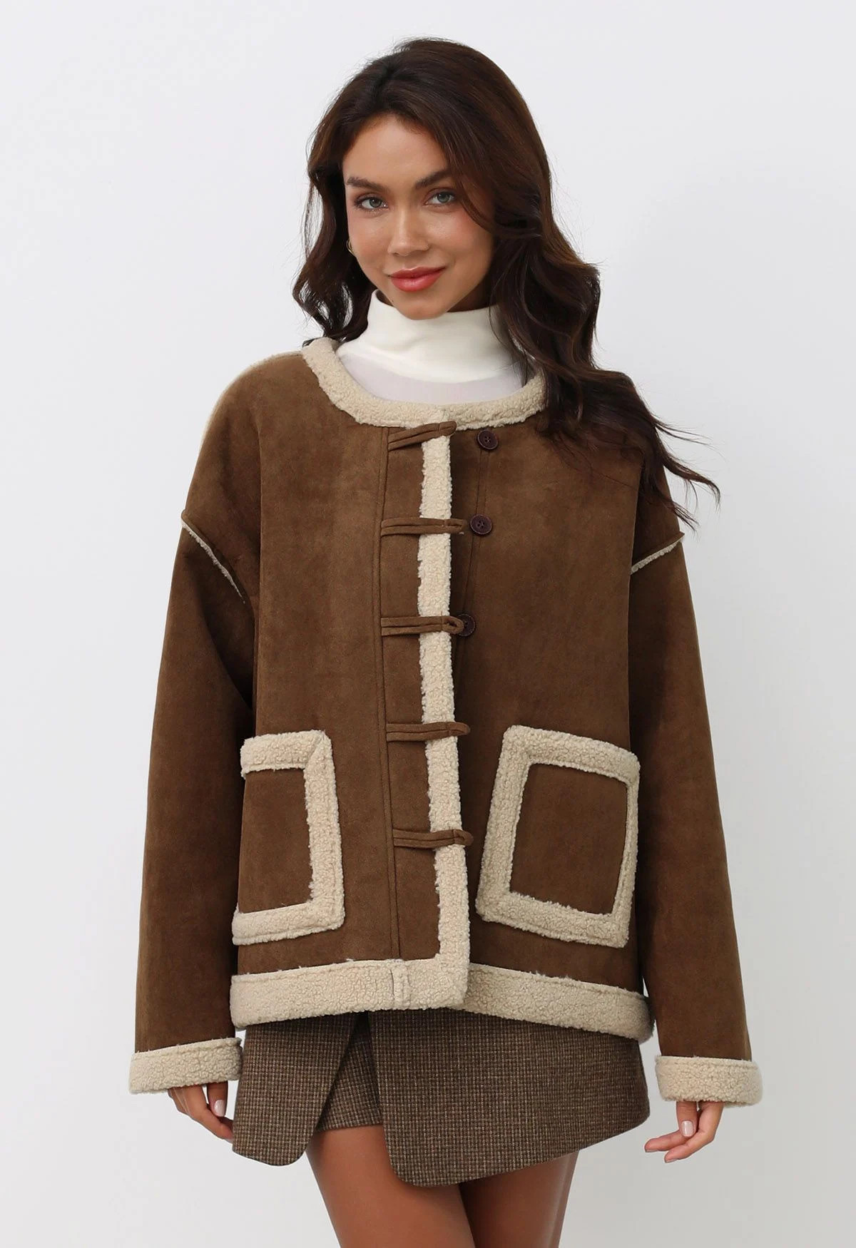 Faux Suede Spliced Sherpa Buttoned Coat in Brown | Chicwish