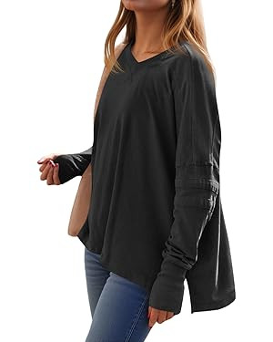 Tankaneo Womens Oversized Long Sleeve Shirts V Neck Tshirts Casual Loose Fit Tunic Tops for Leggi... | Amazon (US)