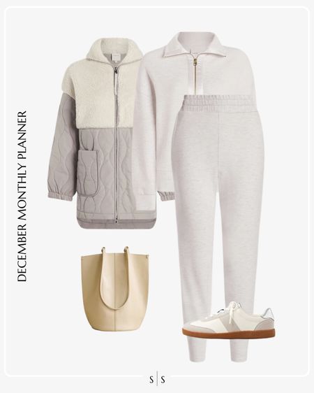 Monthly outfit planner: DECEMBER: Winter looks | jogger sweat set, Varley pullover, sherpa jacket, bucket bag | athleisure wear, casual style, weekend outfit 

See the entire calendar on thesarahstories.com ✨ 

#LTKfitness #LTKstyletip