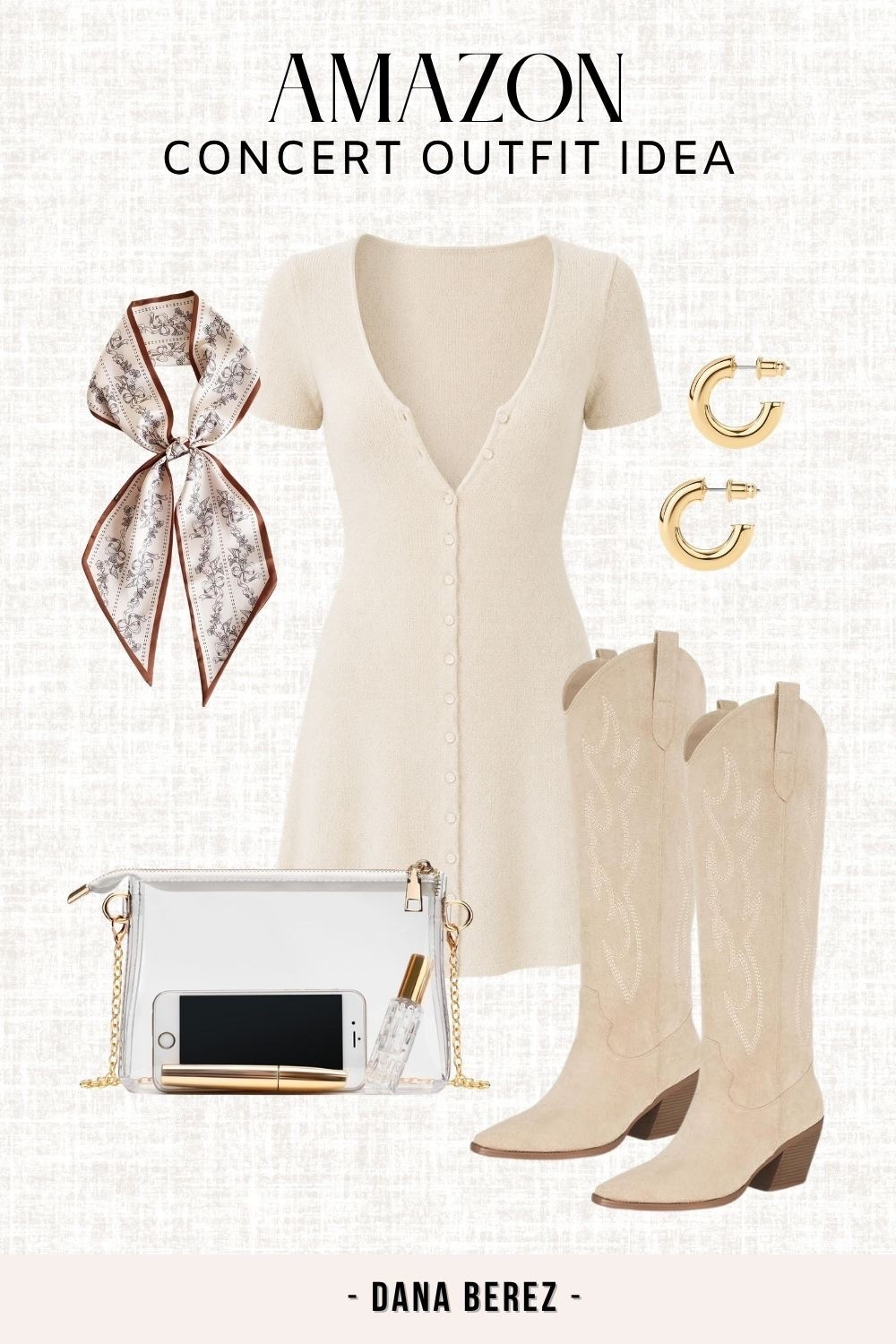 Amazon concert outfit idea 🤎 A neutral mini dress with western boots, gold hoops and a silky scarf makes the cutest elevated country concert look. Add a clear stadium bag and you’re ready to go!

Amazon fashion, concert outfit, country concert outfit, western outfit, cowboy boots outfit, neutral outfit

#LTKvlog #LTKU #LTKSeasonal