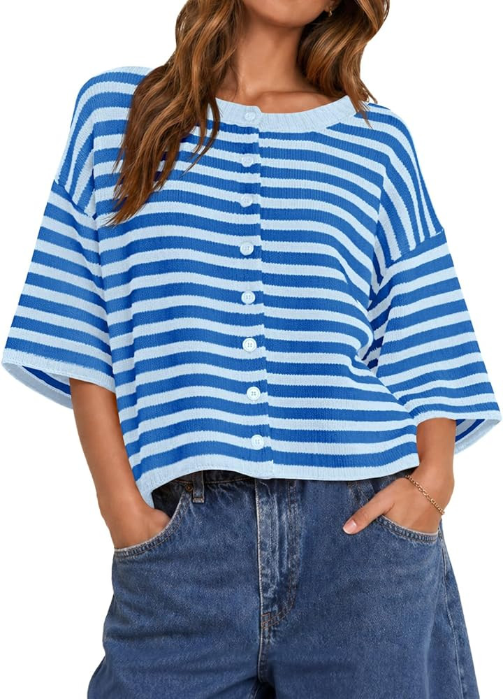 Saodimallsu Womens Short Sleeve Cardigan Cropped Striped Button Down Oversized Lightweight Knit S... | Amazon (US)