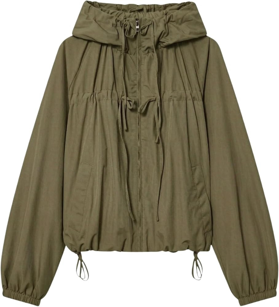 Xunger Women's Gathered Hooded Jacket Casual Loose Fit Bow Detail Coat Drawstring Hem Long Sleeve... | Amazon (US)