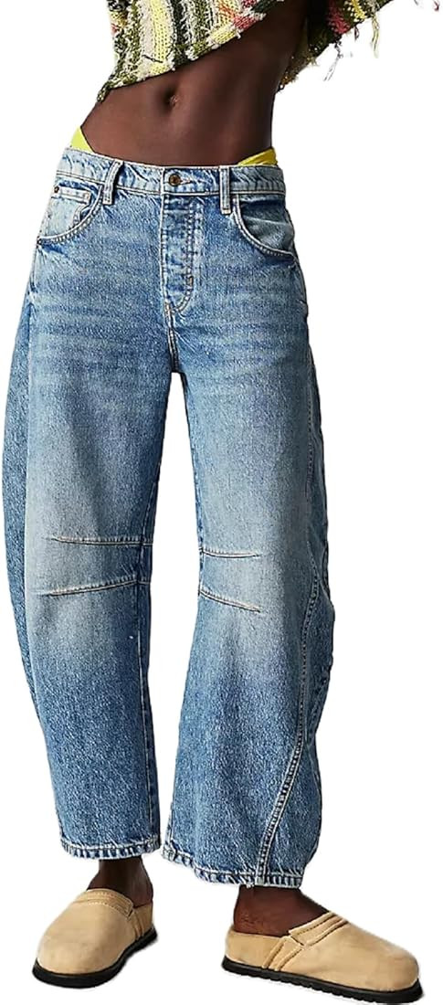 Women Baggy Mid Waist Jeans Wide Leg Loose Boyfriend Denim Pants Straight Leg Cropped Barrel Jean... | Amazon (US)