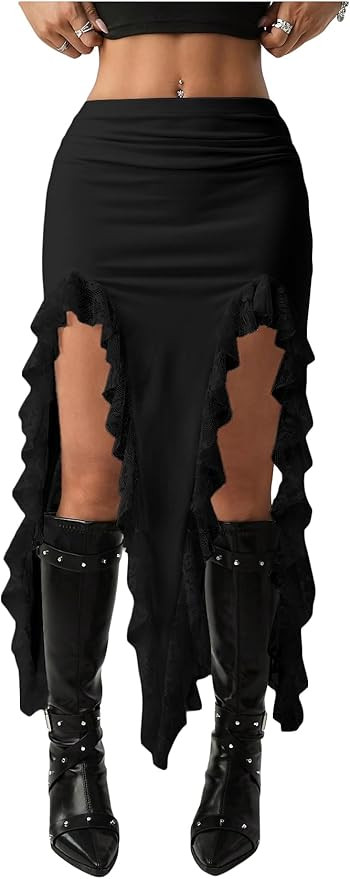 Verdusa Women's Western Asymmetrical Lace Ruffle Skirt High Slit Boho Bodycon Skirts Cowgirl Outf... | Amazon (US)