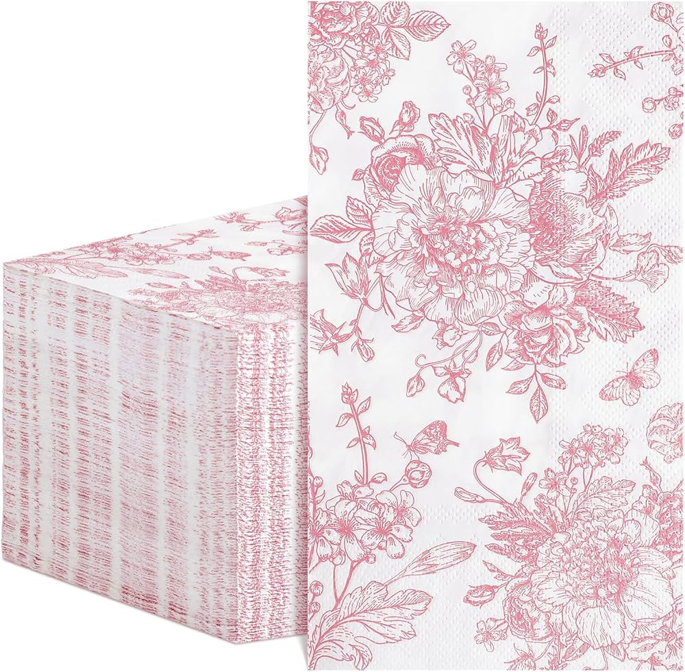 100 Pcs Pink Floral Napkins, Valentines Napkins Disposable Decorative Bathroom Napkin Pink Toile ... | Amazon (US)