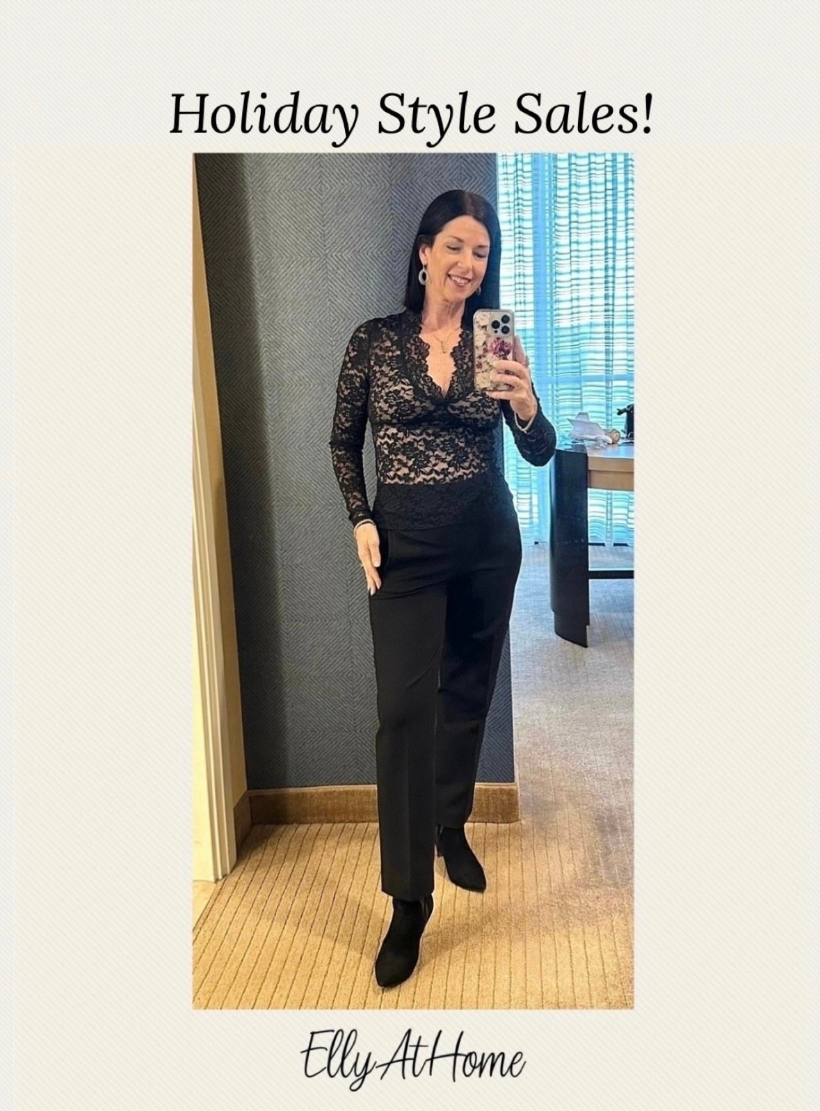 My favorite lace top is back in stock this season! Shop my favorite dressy earrings, black dress pants, suede boots, and more of my beauty favorites Sales! Nordstrom, Bloomingdale’s, Macy’s, Amazon fashion 

#LTKOver40 #LTKootd #LTKHoliday