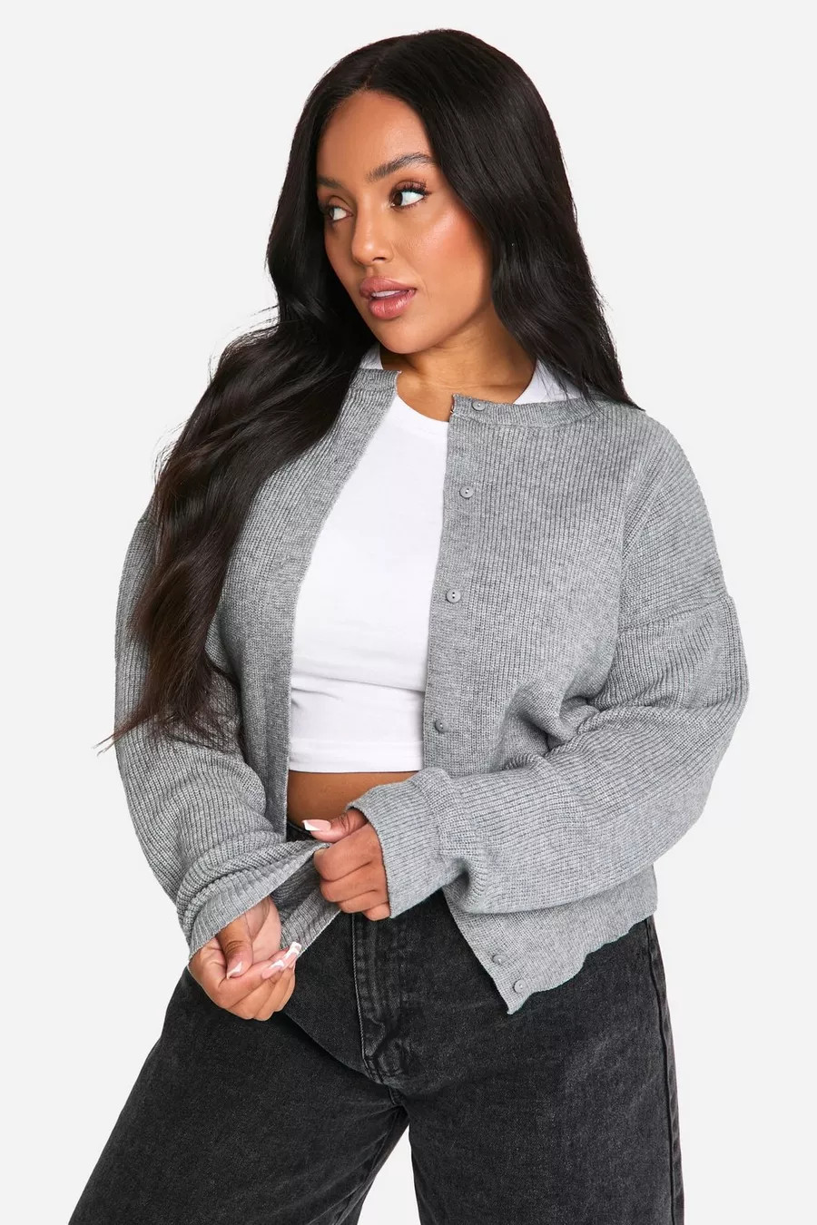Plus Fine Gauge Crew Neck Cardigan | boohoo (US & Canada)