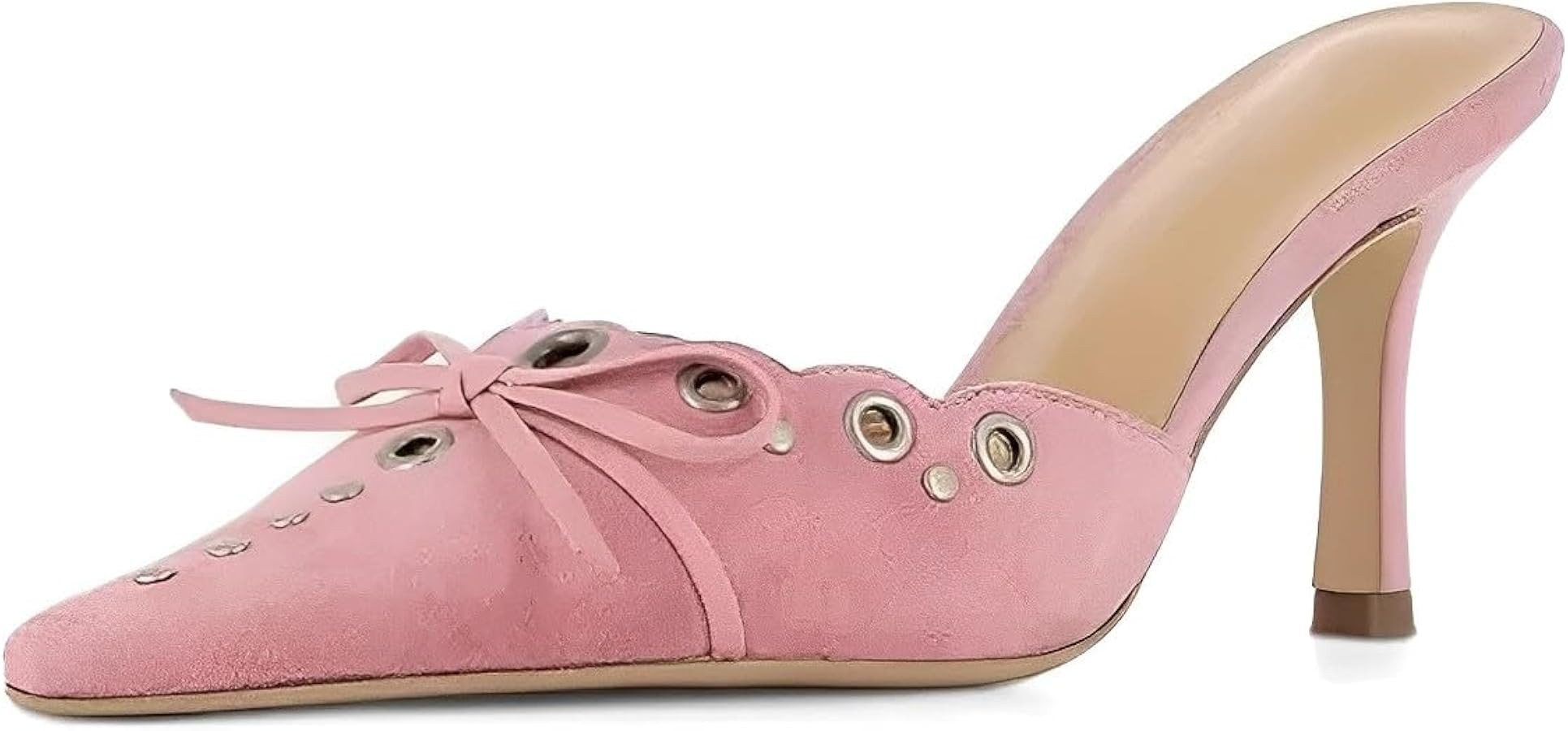 olomisa Kitten Heels for Women, Pointed Toe Heels Studded Bow Heeled Mules, Faux Suede Silp On Sa... | Amazon (US)