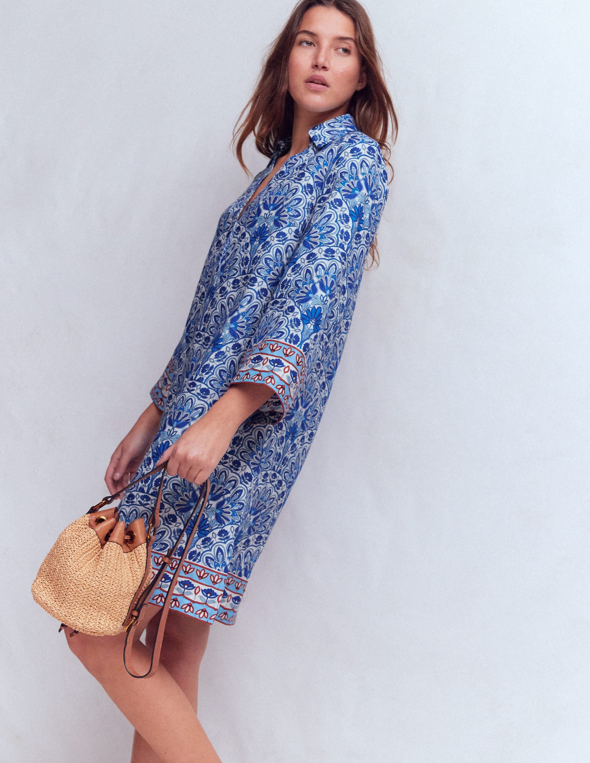 Carmen Linen Short Dress-Blue Blossom Elegance | Boden (US)