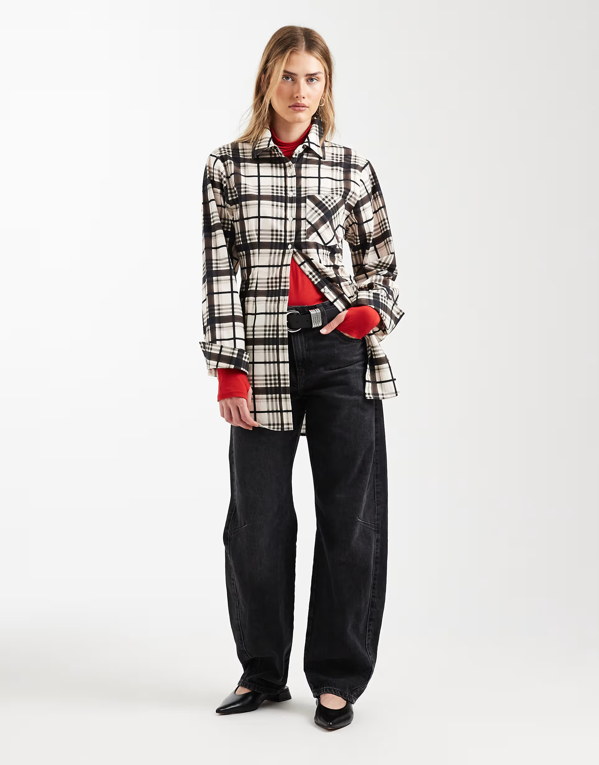 ASOS DESIGN seam detail cinched longline shirt in check | ASOS (Global)