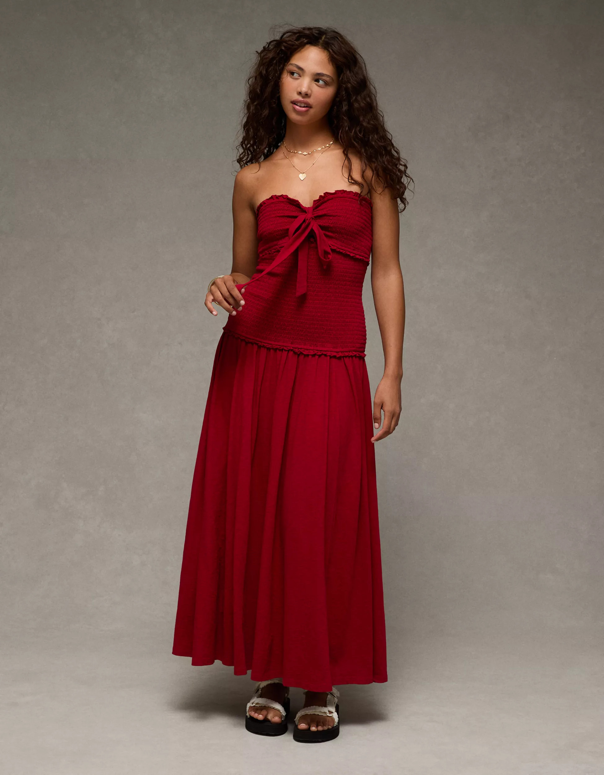 AE Sunchaser Knit Smocked Drop Waist Midi Dress | American Eagle Outfitters (US & CA)