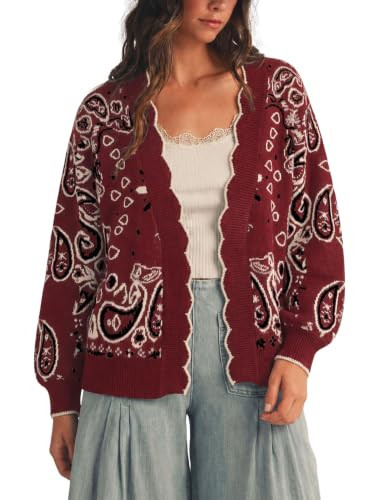 Hongsui Women's Trendy Bandana Paisley Printed Cardigan Knit Sweater (Burgundy-XL) | Amazon (US)