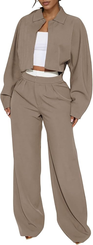 EXLURA Womens Fall 2 Piece Outfits Long Sleeve Zip Up Crop Sweatshirts Long Pants Tracksuit Airpo... | Amazon (US)