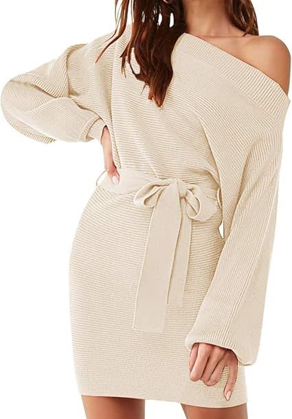 Meenew Women's Off Shoulder Sweater Dress Ribbed Tie Waist Short Bodycon Dress | Amazon (US)