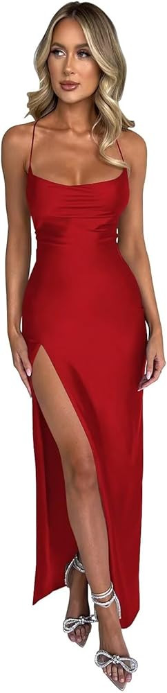 Long Satin Formal Dresses for Women Spaghetti Straps Corset Prom Evening Party Gowns with Slit | Amazon (US)