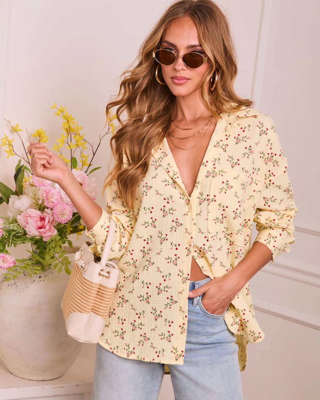 Rosy Dawn Floral Button Down Top | VICI