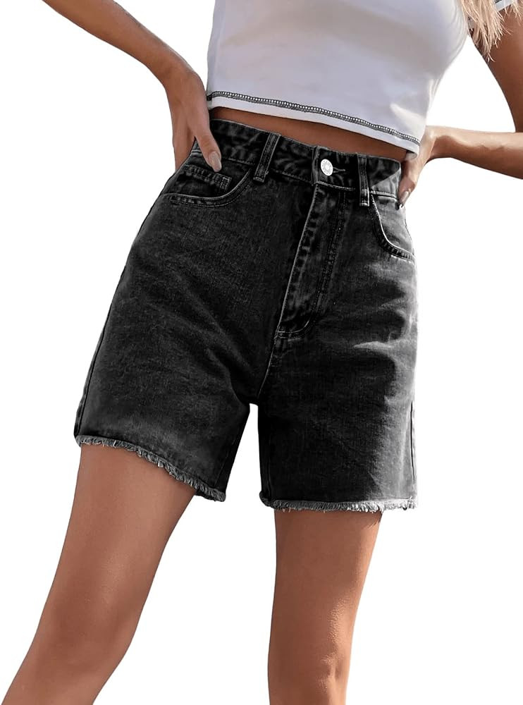 SweatyRocks Women's High Waist Denim Shorts Straight Leg Raw Hem Jean Shorts Summer Hot Pants with P | Amazon (US)