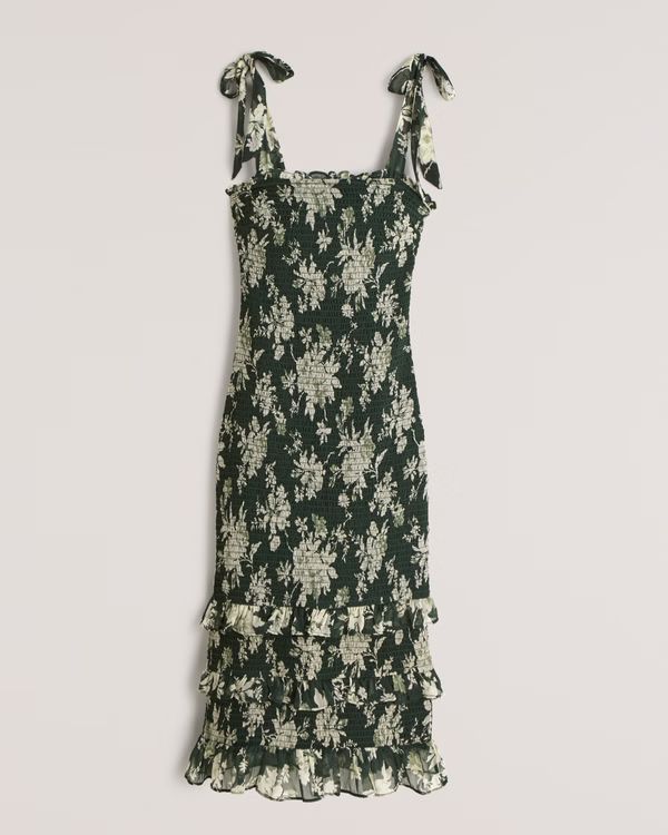Women's Tie-Strap Smocked Midi Dress | Women's Up to 40% Off Select Styles | Abercrombie.com | Abercrombie & Fitch (US)
