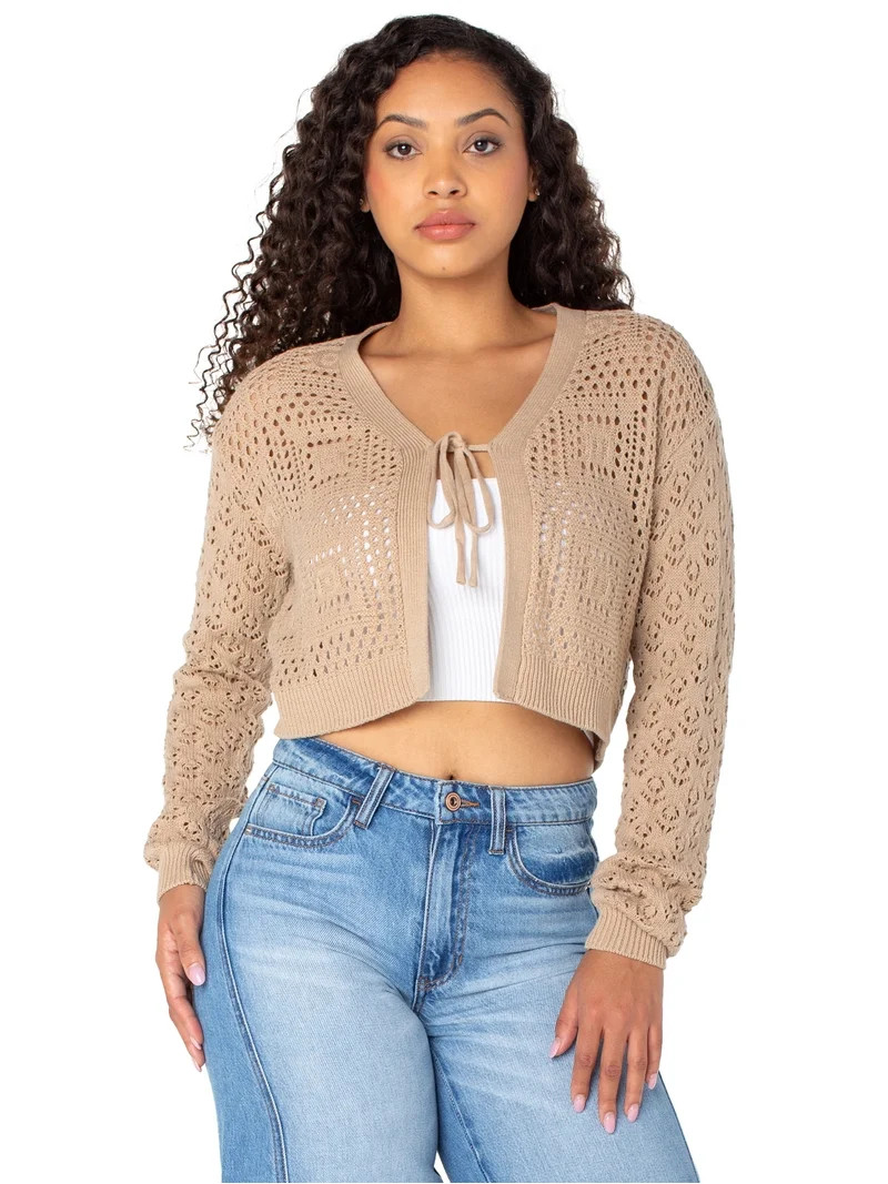 Celebrity Pink Women's and Women's Plus Tie Front Crochet Cardigan, Sizes XS-XXXL | Walmart (US)