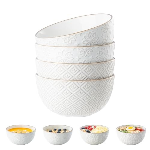 Dafuceramic 26 oz Ceramic Soup Bowls, Cereal Bowls Set of 4 – Oven & Microwave Safe French Onion Soup Bowls, Unique Embossed Patterns, Dishwasher Safe for Soups, Stews & Desserts | Amazon (US)