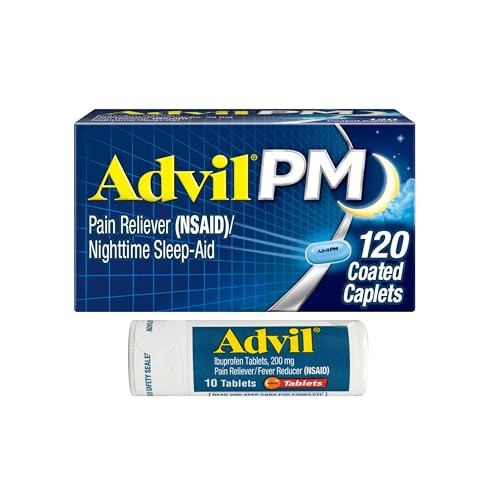 Advil PM Pain Reliever and Nighttime Sleep Aid, Ibuprofen for Pain Relief and Diphenhydramine Citrate for a Sleep Aid - 120 Coated Caplets and Pain Reliever and Fever Reducer, 10 Count Tablets | Amazon (US)