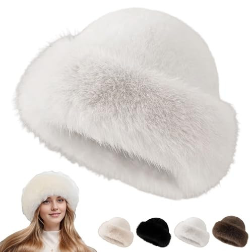 Womens Winter Faux Fur Bucket Hat, 2026 New Fluffy Furry Warm Hat, Soft Plush Fisherman Cap for Cold Weather (White) | Amazon (US)
