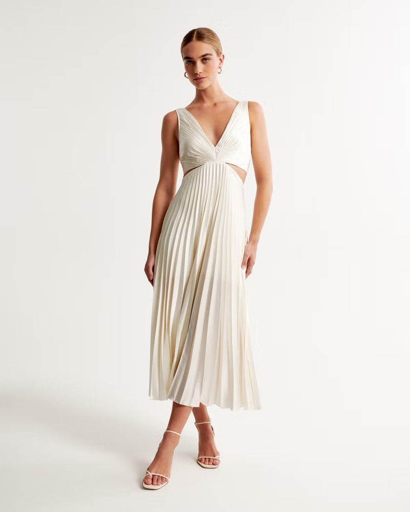Women's Satin Pleated Cutout White Dress |  Midi Dress | Abercrombie.com | Abercrombie & Fitch (US)