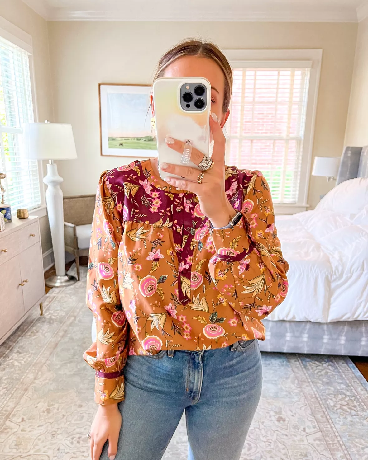 The Curated Closet - Floral Trim Waffle Knit Henley