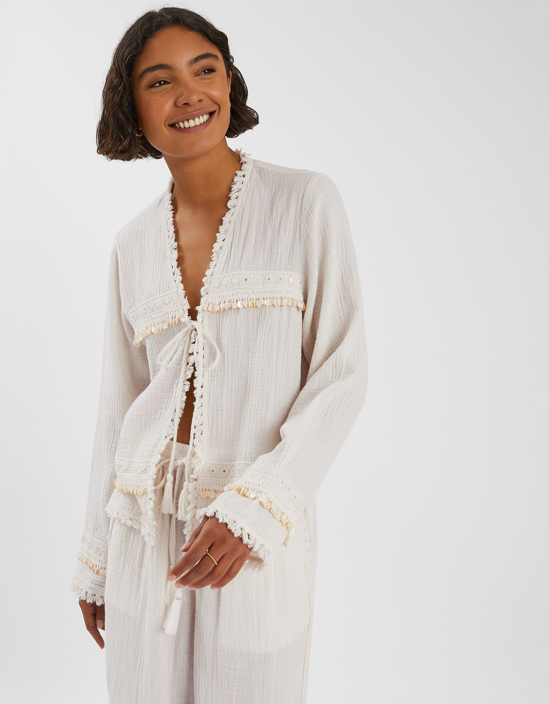 Mirror Embellished Long Sleeve Tie Top Ivory | Accessorize (Global)