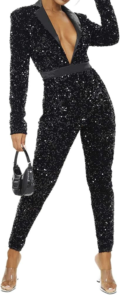 Sedrinuo Women Sexy Deep V Neck Sequins Jumpsuits Long Sleeve Boydocn Club Romper | Amazon (US)