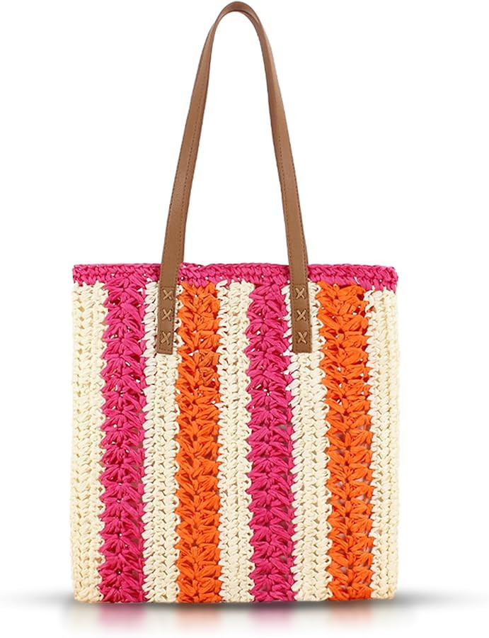 Beach Bag for Women, 3-color striped patchwork leather straps Straw Bag, Hand-woven Soft Shoulder Bag, Handbag for Vacation Travel Daily Matching (Hot Pink) | Amazon (US)