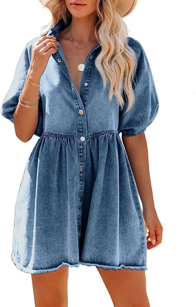 Pepochic Womens Summer Denim Dress Button Down Short Sleeve Babydoll Dress Puff Sleeve Flowy Jean... | Amazon (US)